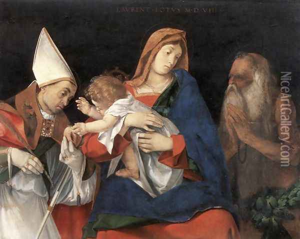 Madonna and Child with St Flavian and St Onophrius 1508 Oil Painting - Lorenzo Lotto