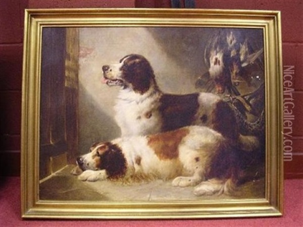 Springer Spaniels Waiting By A Door, With Woodcock And Other Game Hanging From A Hook Oil Painting - George Armfield