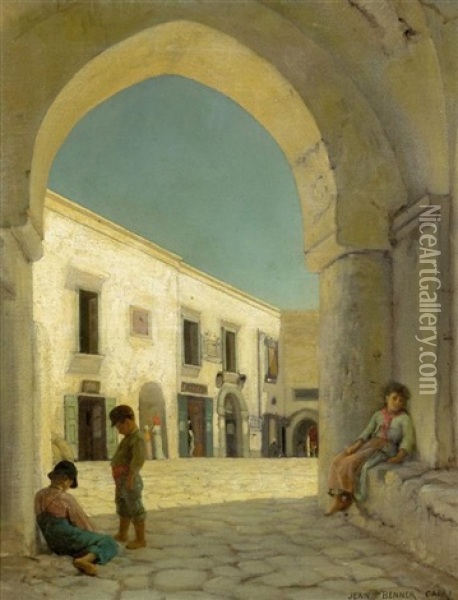 Kinder Auf Einem Platz Bei Capri Oil Painting - Jean Benner