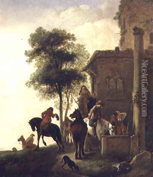 Travellers Watering Their Horses Outside an Inn Oil Painting - Philips Wouwerman
