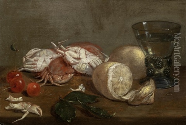 Still Life Of Crabs, Lemons, Cherries And A Wineglass On A Wooden Table Oil Painting - Jacob Foppens van Es (Essen)