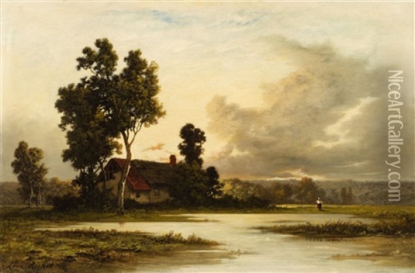 Panoramic Landscape With A Cottage Oil Painting - Leon Richet