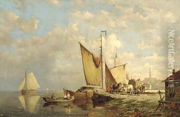 Unloading barges on the quay Oil Painting - William Raymond Dommersen