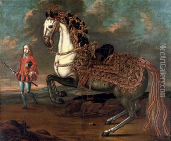 A Rearing Stallion, A Lipizzaner (?) With An Elaborate Saddle With An Elegant Groom Nearby Oil Painting - Johann Georg de Hamilton