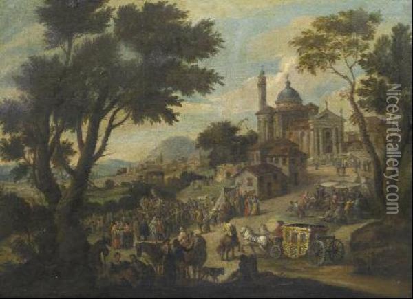 Festa Paesana In Un Paesaggio Oil Painting - (circle of) Wittel, Gaspar van (Vanvitelli)
