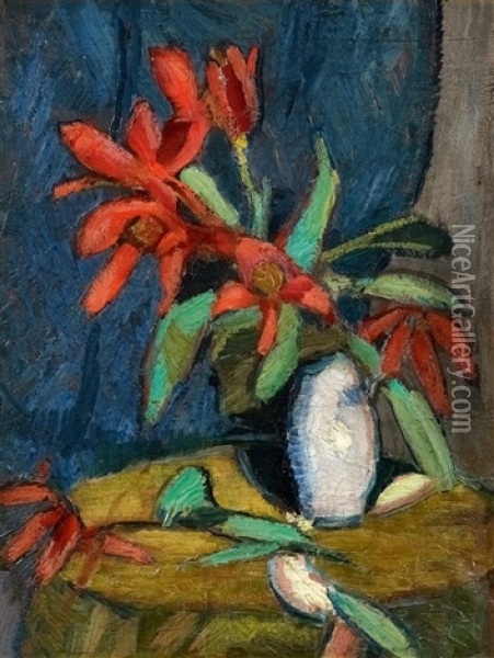 Rote Blumen In Weisem Krug Oil Painting - Hermann Stenner