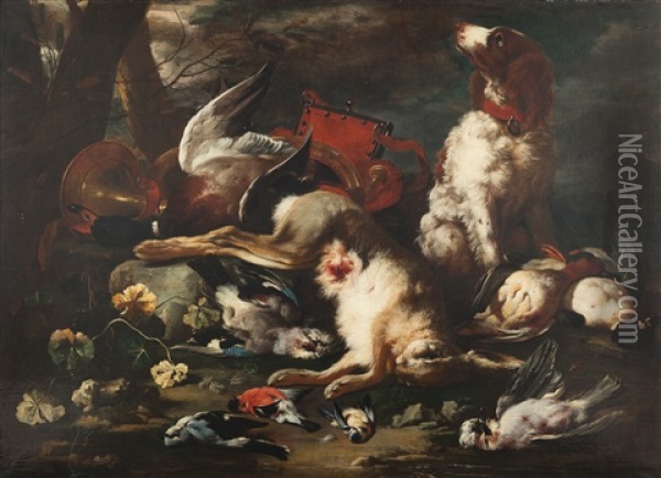 Still Life With Hunting Trophies, A Young Dog And A Red Powder Bag Oil Painting - Franz Werner von Tamm