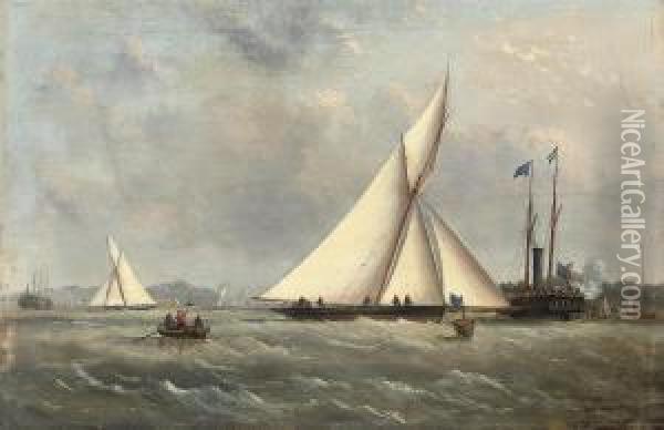 A Big Cutter Approaching The Turning Mark With The Crowded Clubsteamer Beyond Oil Painting - Arthur Wellington Fowles