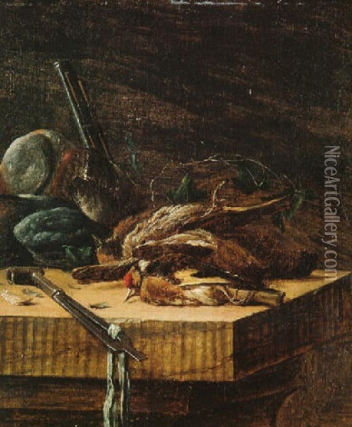 Dead Game On A Table, The Barrel Of A Shotgun Leaning Against The Table Beyond Oil Painting - Salomon van Ruysdael