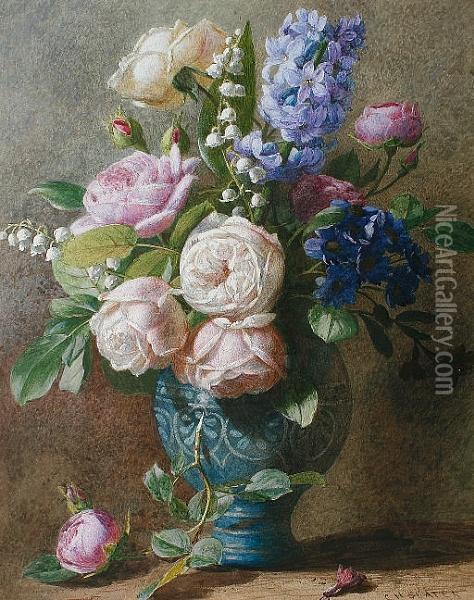 Still Life Of Roses And Hyacinths In A Vase Oil Painting - Charles Henry Slater