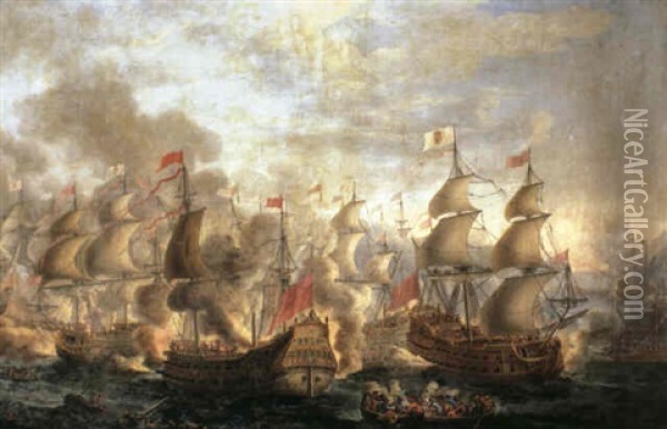 Ships Of The Line Engaged In A Fierce Battle Whilst Troops  In Rowing Vessels Fire At Each Other At Close Quarters Oil Painting - Pierre Puget