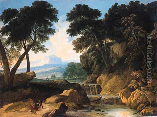 A traveller conversing with a gypsy woman on a road by a waterfall Oil Painting - Johannes (Polidoro) Glauber