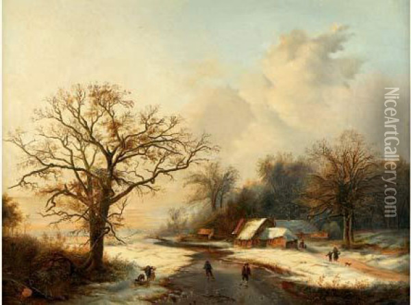 Paysage D'hiver Aux Patineurs Oil Painting - Frederik Marianus Kruseman