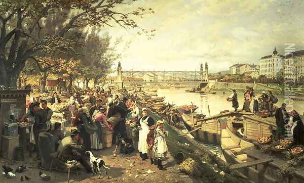 Fruit market in Schazel, near the Maria Theresa Bridge, Vienna, 1895 Oil Painting - Alois Schonn