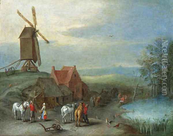 A landscape with a windmill and peasants and horses by a pool Oil Painting - Pieter Gysels