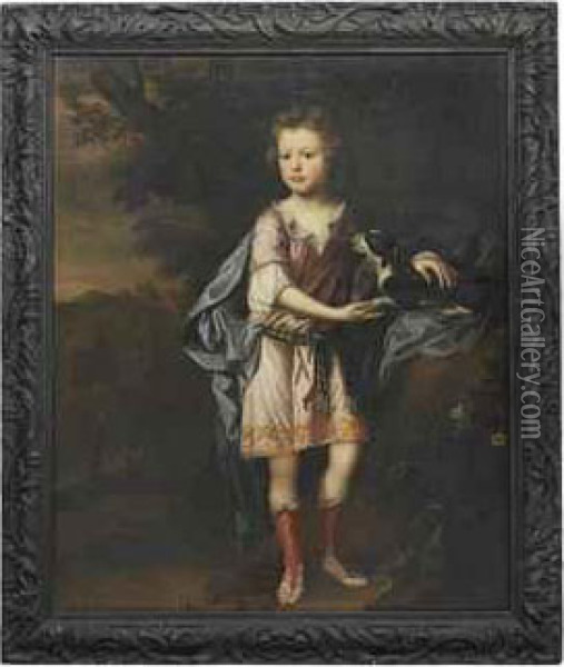 Portrait Of A Young Boy, Full-length In Classical Costume, Aspaniel At His Side, In A Landscape Oil Painting - Robert Byng
