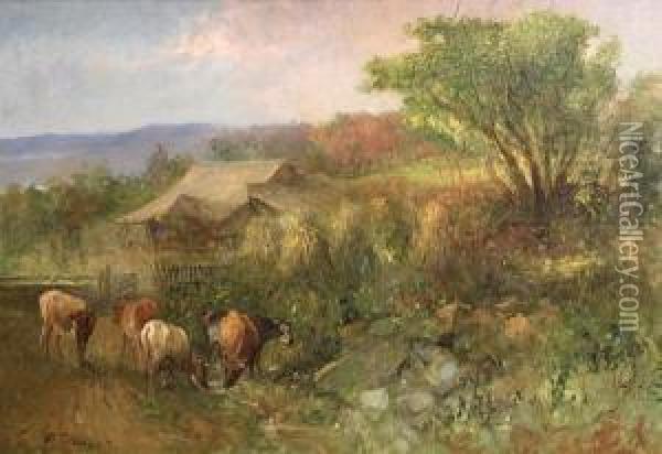 Cattle And Haystacks Oil Painting - Charles T. Webber