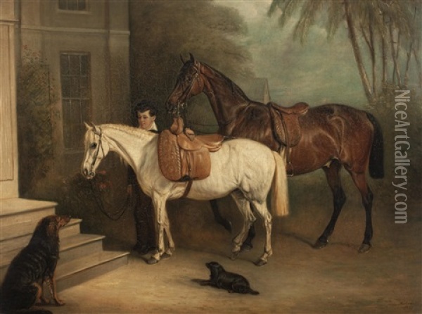 Horses And Groom Oil Painting - John E. Ferneley