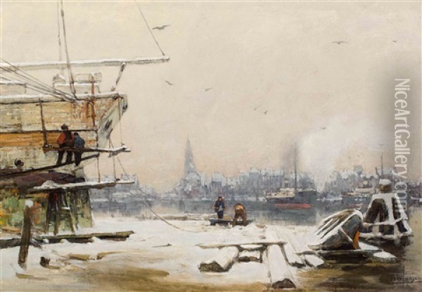 Snow-covered Harbour View With Shipyard Oil Painting - Hendrik Willebrord Jansen