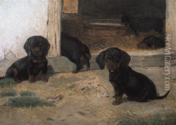 Black And Tan Dachshund Puppies Oil Painting - Simon Simonsen