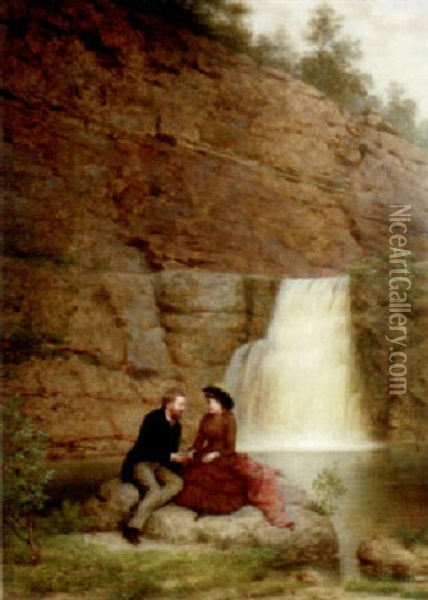 Couple By A Waterfall In The Catskills Oil Painting - George Henry Hall