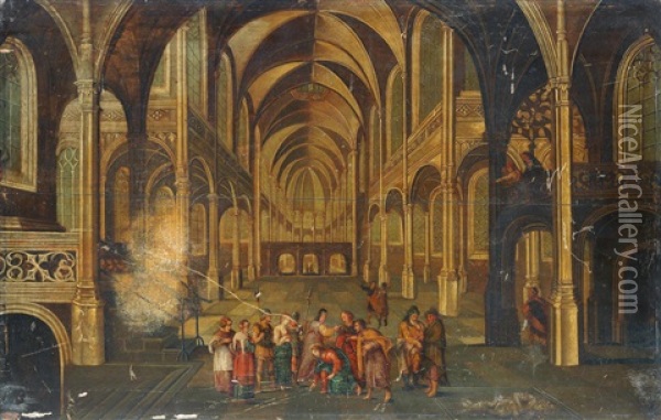 A Church Interior With Christ And The Woman Taken In Adultery Oil Painting - Hendrick van Steenwyck the Younger