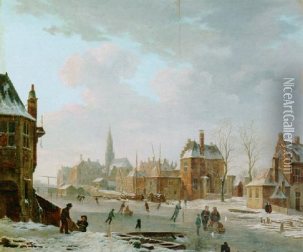 A Town Scene With Figures On A Frozen Canal Oil Painting - Bartholomeus Johannes Van Hove