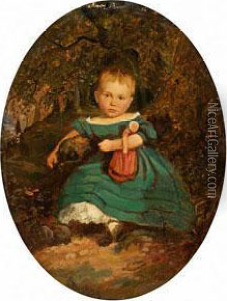 Portrait Einessitzenden Madchens Mit Puppe An Einem Baumstamm Oil Painting - Adolph Kindermann