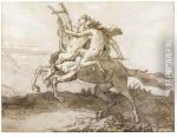 A Centaur Holding A Lyre, Galloping With A Female Faun Oil Painting - Giovanni Domenico Tiepolo