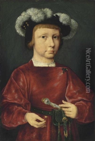 Portrait Of A Young Nobleman, Small Half-length, In A Crimson Doublet, Wearing A Plumed Beret, Holding A Daisy Oil Painting - Joos Van Cleve