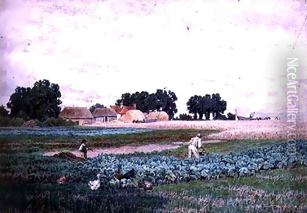 Cabbage Field and Farm Oil Painting - Henry Bailey