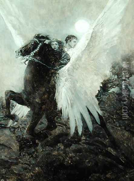 Fast Flew the Black Winged Horse, from The Garden Behind the Moon by Howard Pyle, 1895 Oil Painting - Howard Pyle