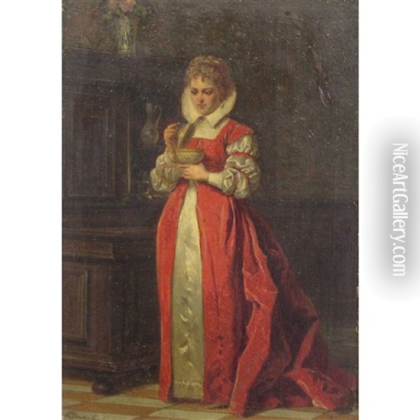 Lady In Red Holding A Covered Cup Oil Painting - Ladislaus Bakalowicz