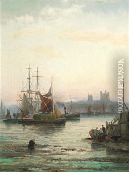Rochester From Strood And One Other Shipping Scene; A Pair (2) Oil Painting - Georges William Thornley