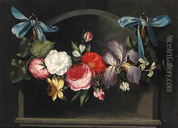 A Garland of Flowers hanging before a Niche Oil Painting - Daniel Seghers