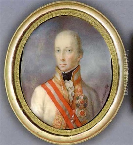 Francis Ii, Holy Roman Emperor And Emperor Of Austria, In White Coat With Gold-striped Facings And Collar, Frilled Cravat And Black Stock, Wearing The Jewel Of The Order Of The Golden Fleece... Oil Painting - Joseph Kaltner