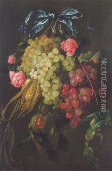 A Still Life Of Grapes, Roses, Oranges Blossom, Maize, Sweet Chestnuts And Plums Hanging From A Blue Silk Ribbon Oil Painting - Cornelis De Heem