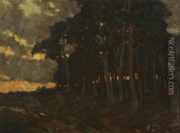 A Shepherd And His Flock At Day's End Oil Painting - Sydney Carter
