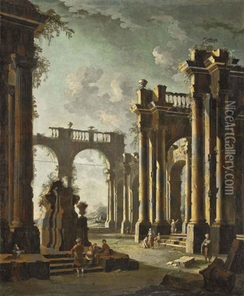 An Architectural Capriccio Of Classical Ruins With Figures Conversing Oil Painting - Leonardo Coccorante