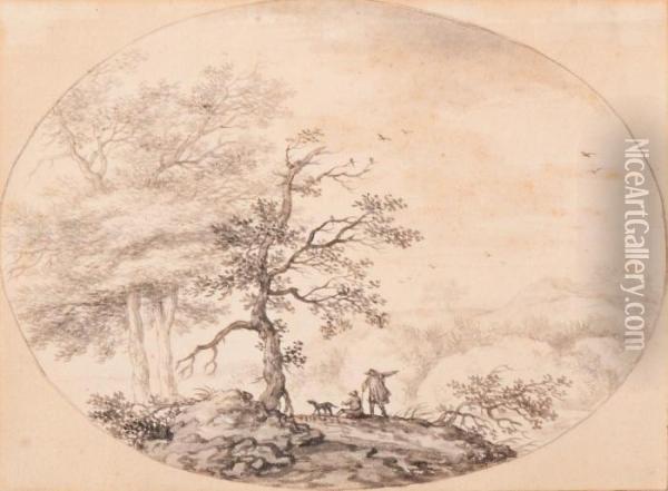 Two Resting Vagabonds And Their Dog In A Landscape Oil Painting - Aernout Ter Himpel
