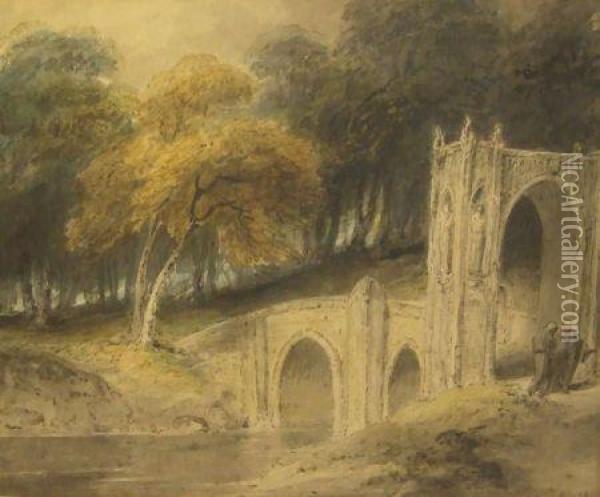 Monk Standing By A Stone Archway With Bridge Over River With Trees Beyond Oil Painting - Richard Westall