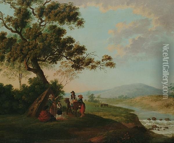 A Gypsy Encampment; Elegant Figures On A Country Lane Oil Painting - Thomas Barker of Bath