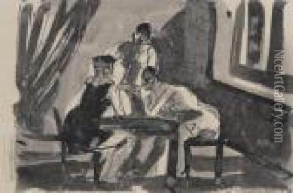 Drei Figuren Um Tisch Oil Painting - Johann Robert Schuerch
