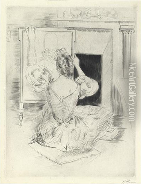 Woman Embroidering. Oil Painting - Paul Cesar Helleu