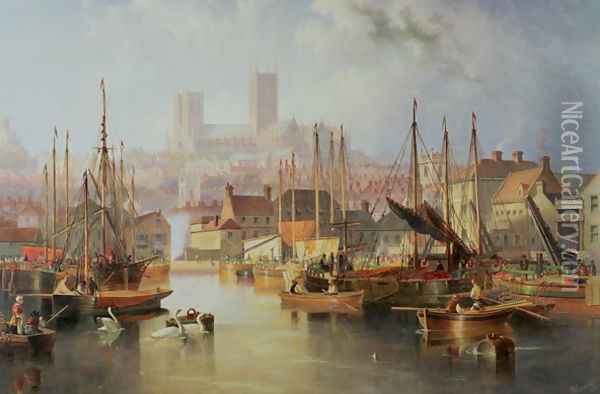 The Brayford Pool and Lincoln Cathedral Oil Painting - James Wilson Carmichael