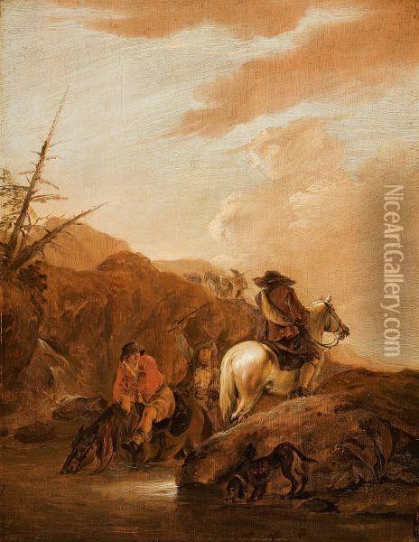 Mountain Landscape With Three Horsemen Oil Painting - Dirck Willemsz. Stoop