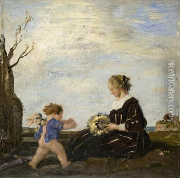 Dame Mit Blumenstrauss Und Putto Oil Painting - Adolf Hengeler
