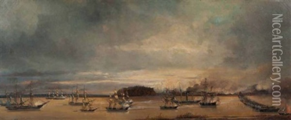Le Combat Naval Devant Punto Obligado Le 20 Novembre 1845 (sketch) Oil Painting - Francois (Pierre Bernard) Barry