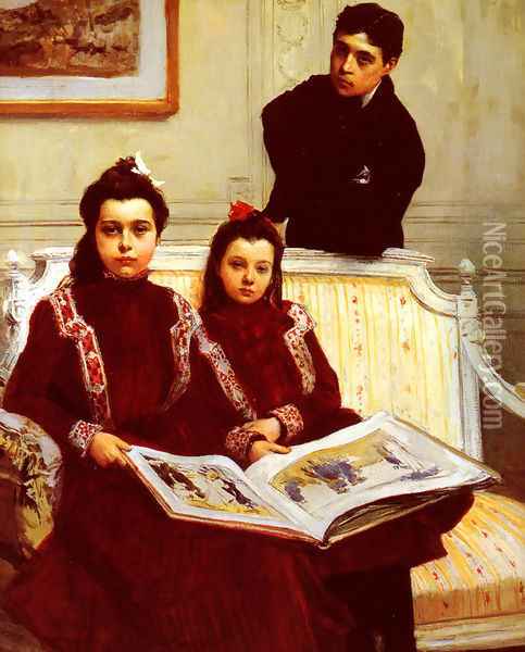 Family Portrait of a Boy and his two Sisters admiring a Sketch Book Oil Painting - Francois Flameng