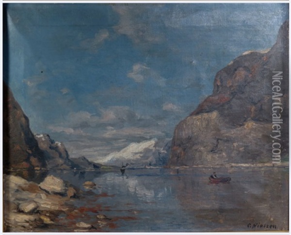 Mountain Lake, Man In Row Boat Oil Painting - Carl Nielsen